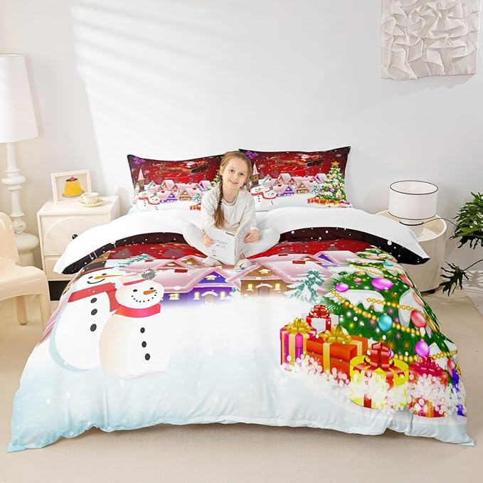 Manfei Christmas Duvet Cover Set King Size, Snowman Xmas Tree Bedding Set for Kids Boys Girls, Santa Claus with Reindeer Comforter Cover New Year Theme Quilt Cover with 2 Pillowcases, No Comforter