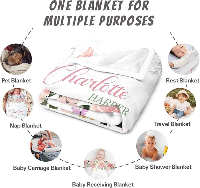 Personalized Baby Blankets for Girls Women Custom Baby Blanket with Name for Kids Toddlers Adult Soft Fleece Bed Throw Blanket for Newborn Customized Baby Girl Gifts for Birthday Baby Shower
