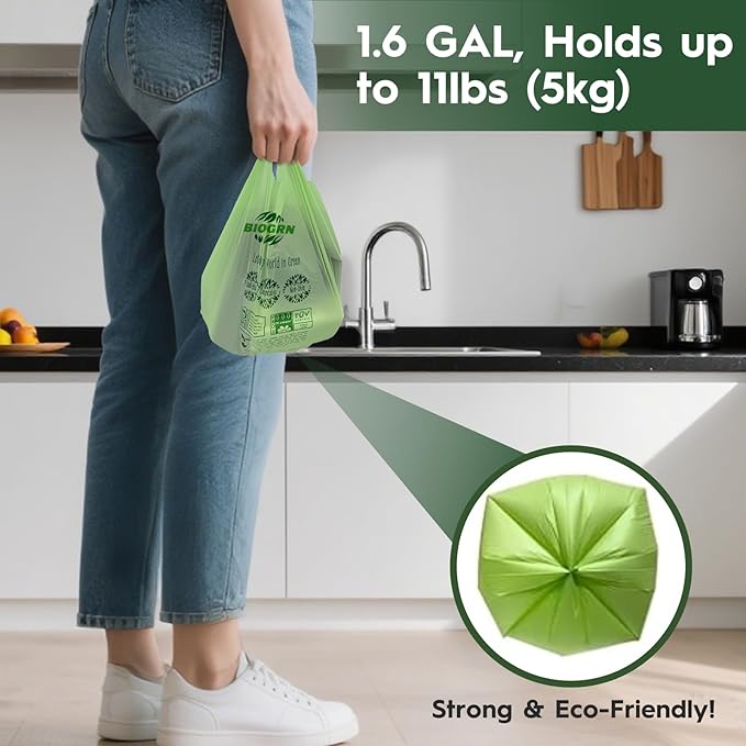 Compostable Trash Bags 1.2-1.6 Gallon Handle Tie 50 Count 0.6 Mil 6.06 Liter Small Compost Bags for Countertop Bin Biodegradable Bags Green for Kitchen ASTM D6400 & BPI Certified, OK Compost Home