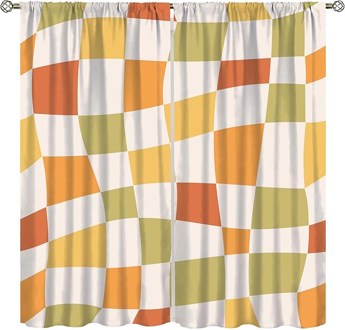 Orange Checkered Curtains,70s Vintage Twisted Checkered Window Drapes Colorful Groovy Trendy Wavy Hippie Grid Print Window Treatments for Kids Girls Bedroom Living Room Bathroom 72"W X 63"L