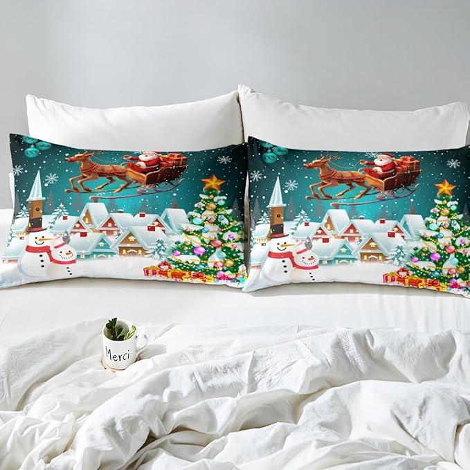 Manfei Christmas Duvet Cover Set Queen Size, Xmas Tree Snowman Bedding Set for Kids Boys Girls, Santa Claus with Reindeer Comforter Cover New Year Theme Quilt Cover with 2 Pillowcases, No Comforter