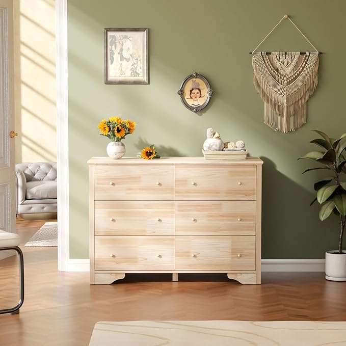 VINGLI Solid Wood Dresser Unfinished for Color DIY, Natural Real Wood Dresser 6 Drawer for Bedroom, 47.16" W*17.72" D*33" H