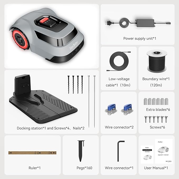Redkey MGC1000 Robot Lawn Mower with 590ft Boundary Wires for 0.25 Acre (1/4 Acre), 45% Slope, 70Mins Runtime, Auto Recharge, Automatic Robotic Lawn Mower w/Precise Location & Breakpoint Detection