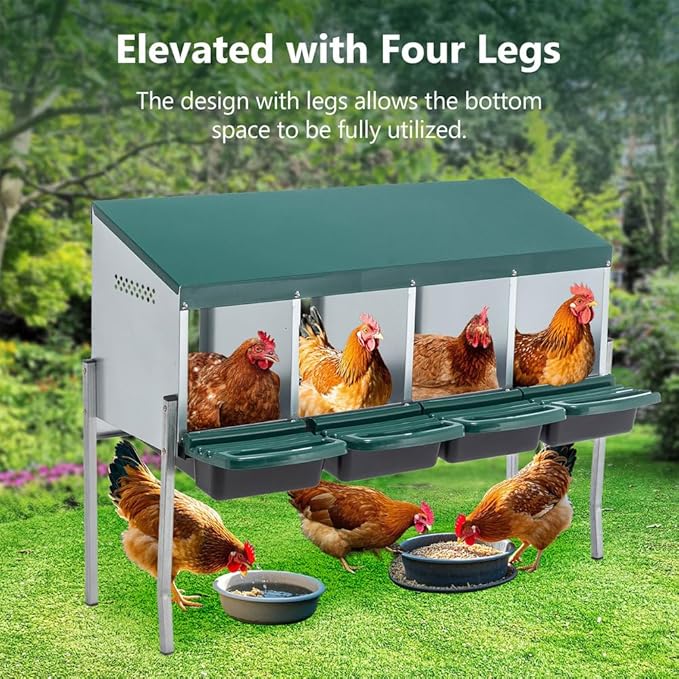 4-Compartment Chicken Nesting Box with Roll-Away Egg Tray – Galvanized Steel Wall-Mount or Freestanding Hen Laying Box with Legs, Easy-Clean Tray – Durable Nest Box for Chickens, Ducks, Hens