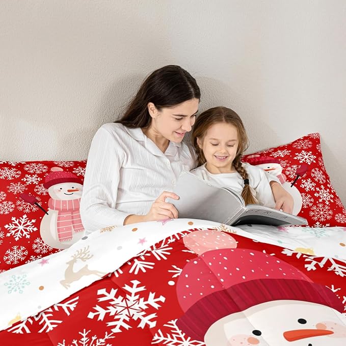 Feelyou Christmas Comforter Set All Season Snowman Red Bedding Set with 1 Pillow Cases Xmas Snowflakes Microfiber Kids Twin Bedclothes Winter Snow Bedroom Decor Duvet Quilt Breathable Soft Lightweight