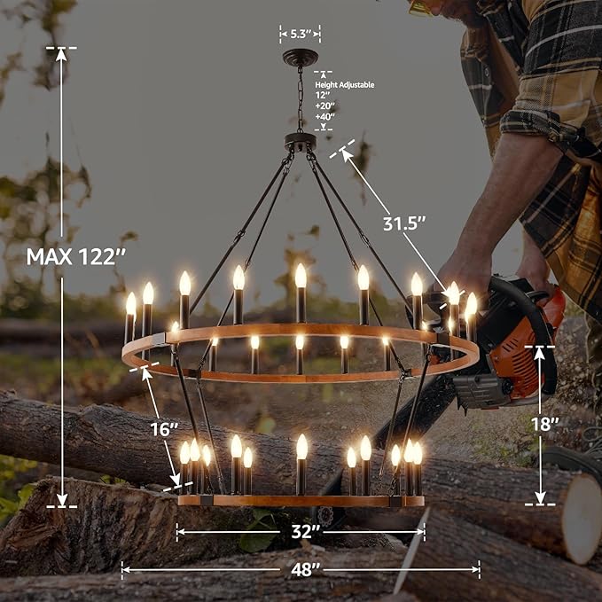 HHR 2 Tier 48'' Solid Wood Wagon Wheel Chandelier, 32-Light High Ceiling Island