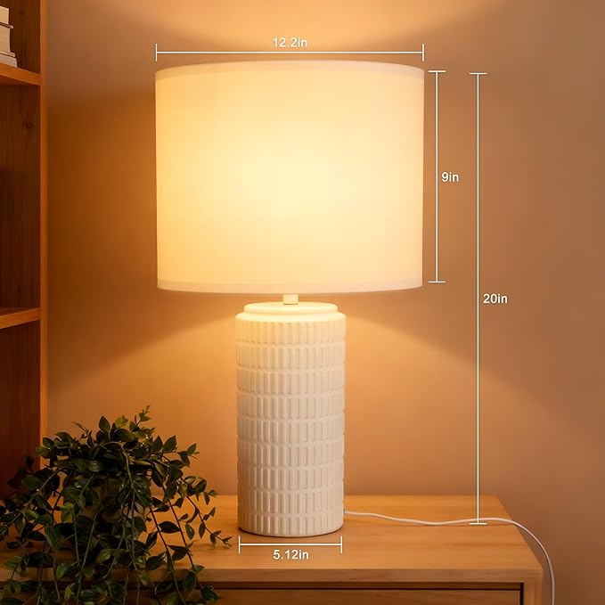 20-inch Modern Ceramic Table Lamp, Farmhouse White Bedside Lamp
