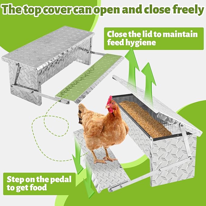 Treadle Chicken Feeder Automatic Large Poultry Feeders Capacity Treadle Self Opening Pou with Weatherproof Lid Rain Cover for Roosters Pheasant Chicken Outdoor Coop Silver Full Aluminum(11lbs/5000g)