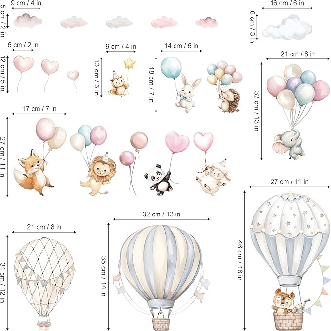 Cartoon Hot Air Balloons Wall Stickers Animals Self Adhesive Non-Toxic Wall Decals for Kids' Bedroom Living Room