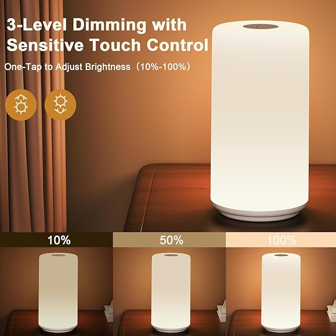 Touch Bedside Table Lamp, 3 Way Dimmable Warm White Lights