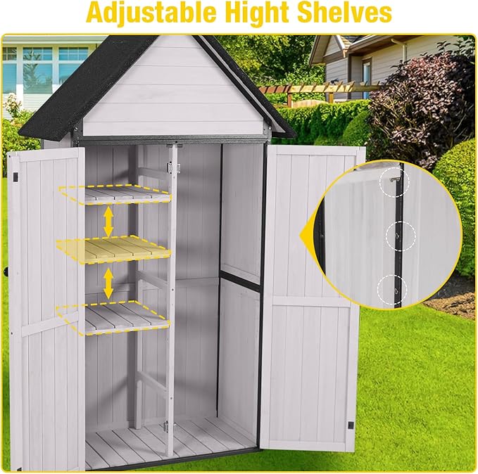 Outdoor Storage Shed,Vertical Wooden Tool Shed with Waterproof Roof,Adjustable 3 Tiers Shelves,Storage Tool Cabinet Box with Metal Frame Sloped Roof for Backyard Garden Patio Lawn (Off White)