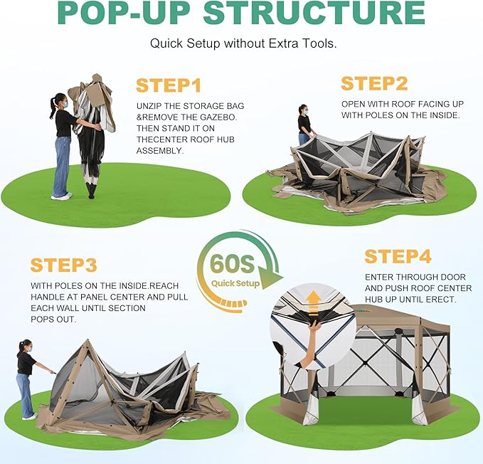 COBIZI 12x12 Pop up Gazebo Screen House Tent for Camping, Outdoor Canopy with Removable Roof&Mosquito Netting, Portable Hub with Carrying Bag and Ground Stakes, Khaki