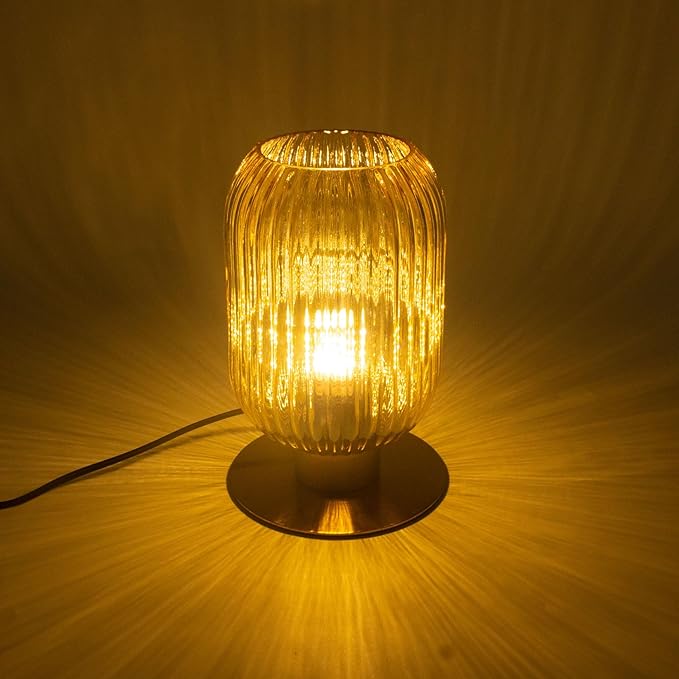 Small Table Lamp, Mid Century Modern Bedside Table Lamp, Amber Ribbed Glass