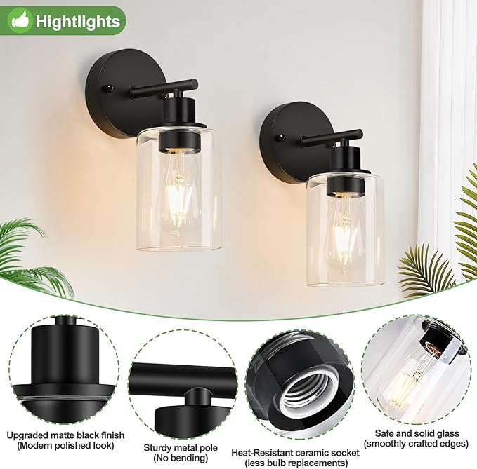 Set of 2 Wall Sconces for Bathroom, Bathroom Wall Lamp for Mirror Kitchen