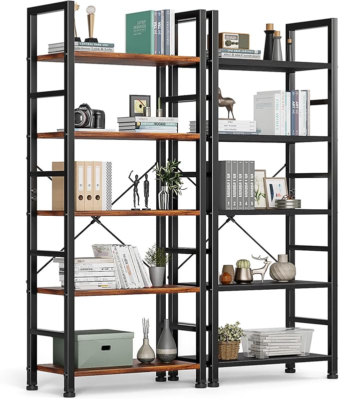 DUMOS 5-Tier Book Shelf Tall Modern Bookcase Set of 2 for Books, CDs, Movies, Storage and Organization Bookshelf Industrial Home Decor for Bedroom Office Kitchen Living Room, Black & Brown
