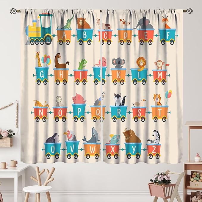 Kids Alphabet Curtains Funny Trains Letter Education School Cute Cartoon Animal Printed Curtain with Rod Pocket for Bedroom Living Room Drapes Window Treatments 2 Panels Set 42" W X 54" L