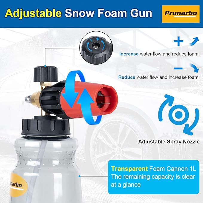Pressure Washer Gun with Foam Cannon 5000 PSI, Heavy Duty Brass Foaming Car Wash Sprayer Adjustable Snow Foam Blaster for Car Washing with 1/4” Quick Connector 5PCS Nozzle Tips, PR-M01