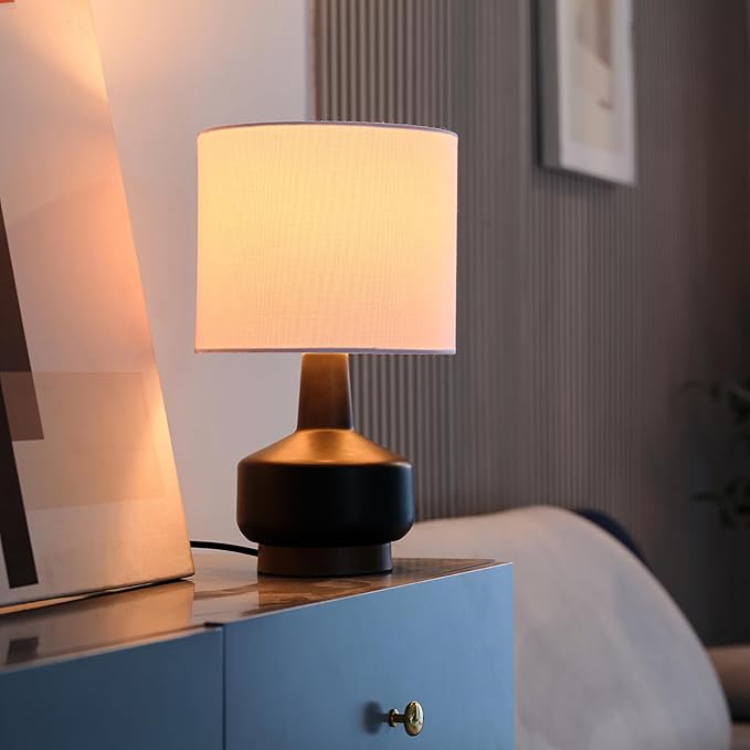 GLOBE Electric 15" Ceramic Table Lamp, Matte Black Base, Wood-Toned Accent