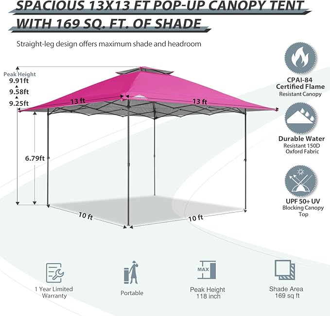 EAGLE PEAK 13x13 Straight Leg Pop Up Canopy Tent Instant Outdoor Canopy Easy Single Person Set up Folding Shelter w/Auto Extending Eaves 169 Square Feet of Shade (Light Pink)