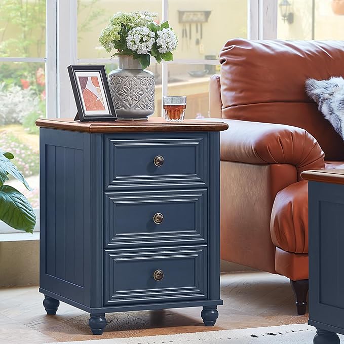 18" Farmhouse Night Stand Set of 2, Blue Wood Nightstand with 3 Drawers, Bedside End Table with Storage and Roman Column, Bed Side Tables Cabinet for Bedroom, Living Room, and Closet