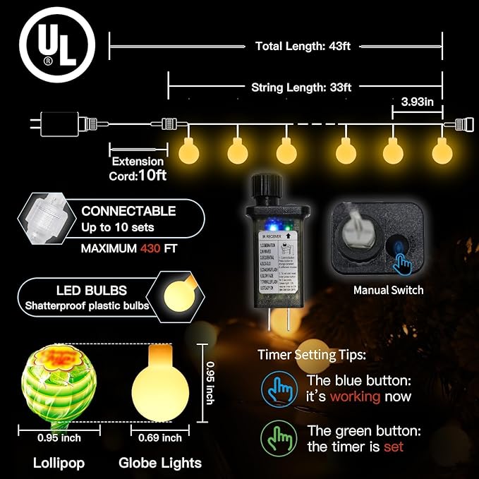 suddus String Lights for Bedroom, 33ft 100 Led Connectable Globe String Lights
