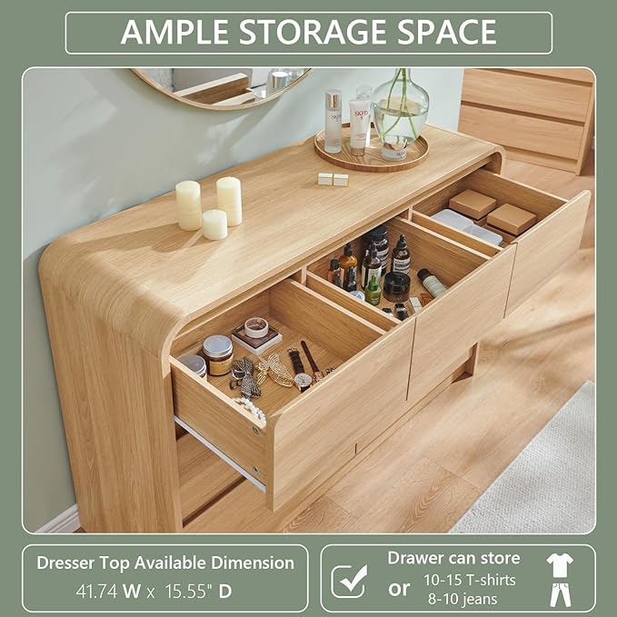 Modern 7 Drawers Dresser for Bedroom, 47" Wide Wood Dressers & Chests of Drawers w/Curved Profile Design, Mid Century Modern Dresser w/Natural Texture for Bedroom, Living Room, Natural Oak