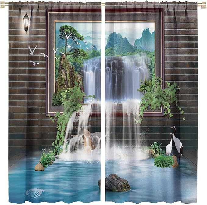 Waterfall Blackout Window Curtains, Tropical Rainforest Jungle Plants Forest Wild Nature Landscape Window Drapes, for Living Room Bedroom 42x54in 2 Panels