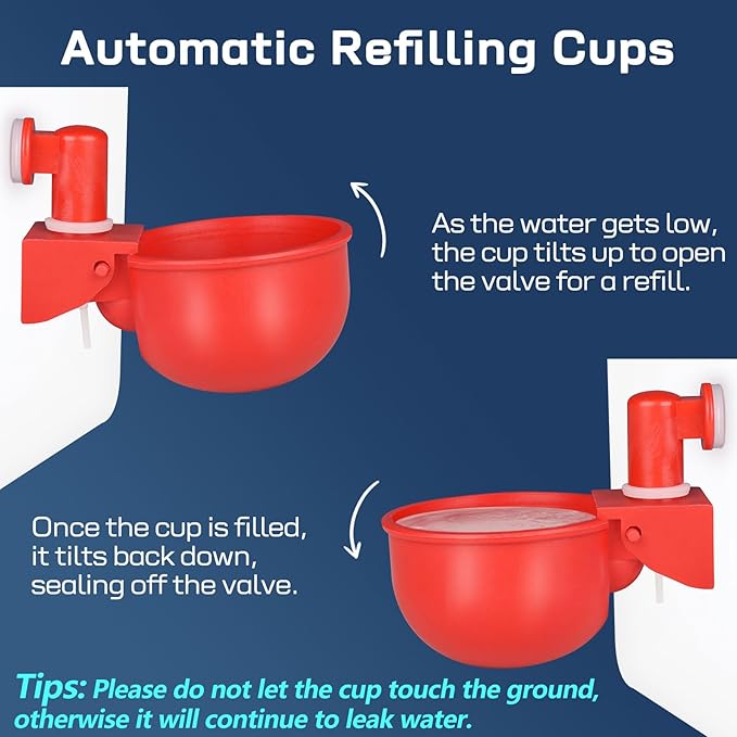 Chicken Waterer Cups | Automatic Large Chicken Water Feeder for Chicks, Turkey, Ducks, Goose, Bunny and Birds | Poultry Waterer - BPA Free & Leak Proof Design (4 Pack)