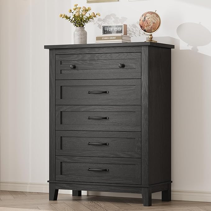 GarveeHome 5 Dresser for Bedroom, 41.3 in Tall Vertical Drawer Dresser with Large Storage, Freestanding Wooden Closet Chest for Bedroom, Living Room, Black