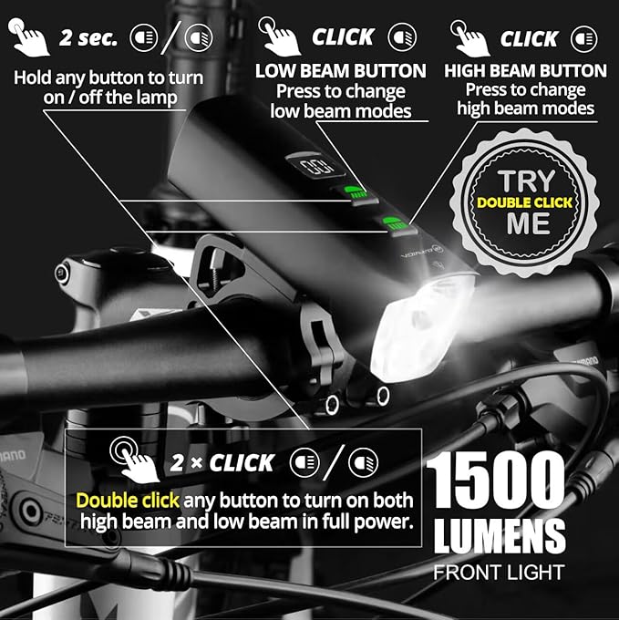 1500 Lumens USB Rechargeable LED Bike Light Set, Powerful Bicycle Front