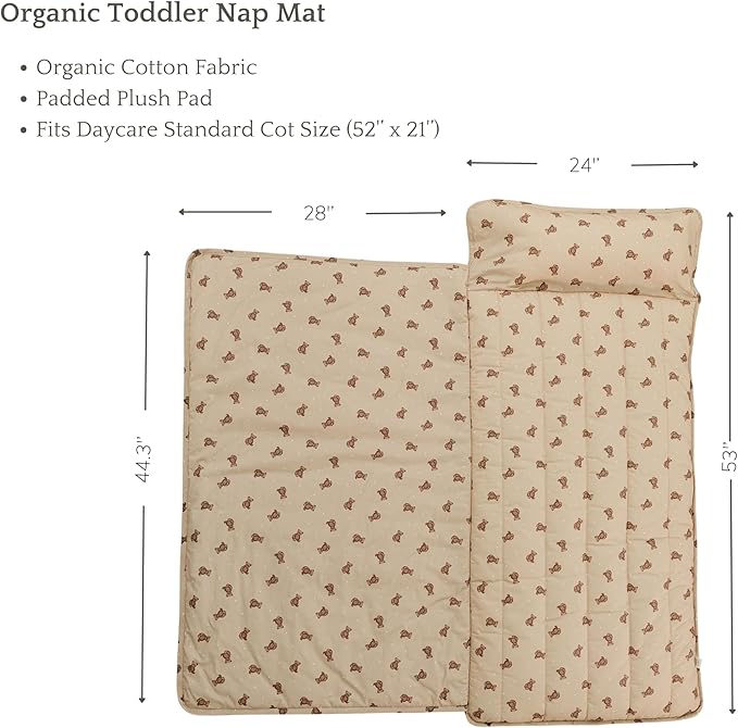 Organic Toddler Nap Mat – 100% Cotton Kids Washable Sleeping Mat & Detachable Pillow – Sleeping Bag with Soft 1.5” Pad – Ideal Nap Mat for Daycare, Preschool, & Sleepovers