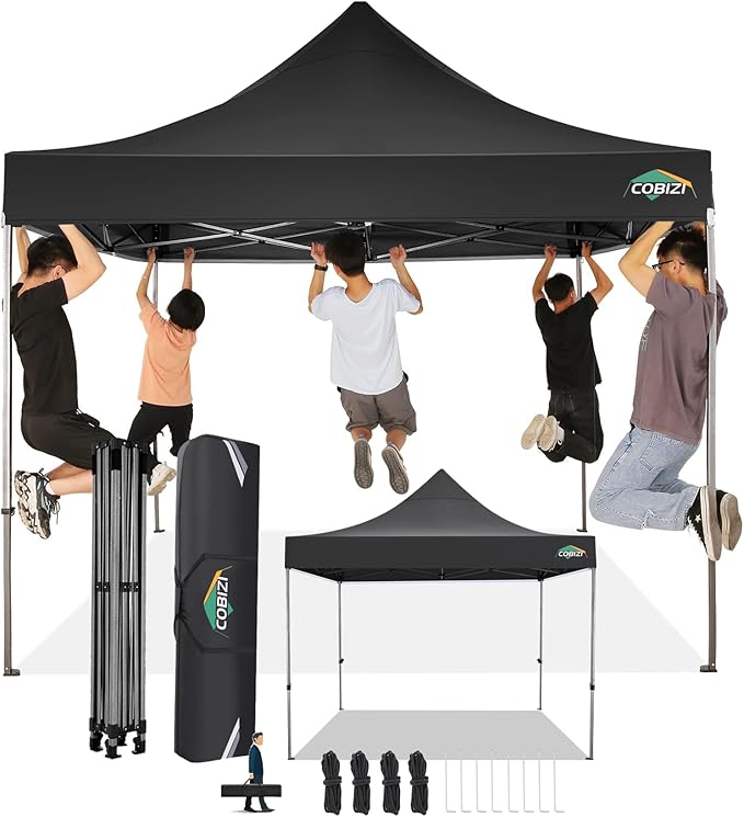COBIZI 10x10 Pop Up Canopy Without Sidewall,Heavy Duty Canopy UPF 50+ All Season Wind Waterproof Commercial Outdoor Wedding Party Tents for Parties Canopy Gazebo with Carry Bag(10 x 10 ft Black)