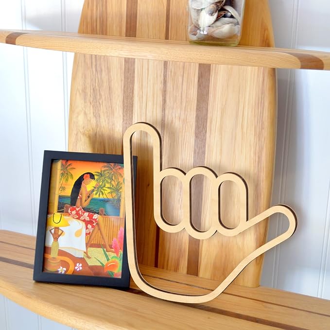 Shaka Wooden Wall Sign Hang Loose Sign Hawaii Aloha Surfer Hand Sign Surf Wall Decor for Home Living Room Kitchen Bathroom Bedroom Hand shape Finger Nursery Room Decoration