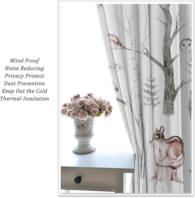 Watercolor Woodland Animal Curtains, Wildlife Bear Farmhouse Lodge Cabin Squirrel Owl Hedgehog Fox Blackout Rod Pocket Windows Door Curtain for Bedroom Living Room Home Decor 63x63in
