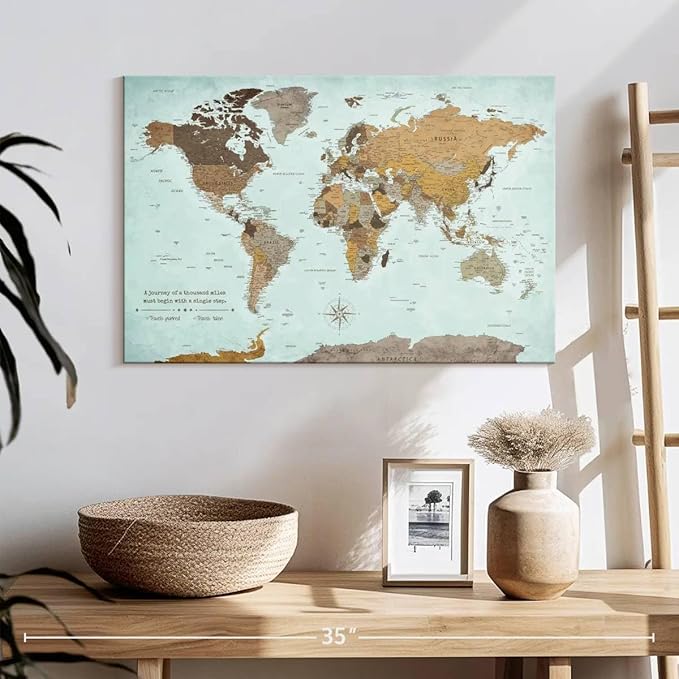 ElephantStock - A Thousand Miles World Push Pin Map Wall Art - Horizontal Canvas Wall Art - Living Room Wall Decor - Printmaking Map Canvas Art - Blue And Brown Decor - 24" x 16"