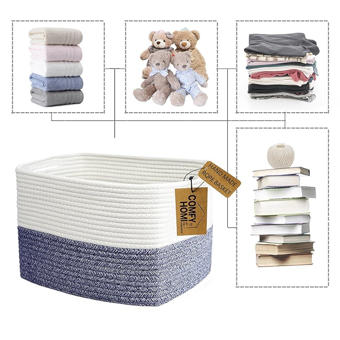 COMFY-HOMI 3 Pack Medium Cotton Rope Basket with Handles for Shelves, Dog Toy, Baby, Gift Organizing, Handwoven Craft - New Generation 13.5" x 11" x 9.5" (Navy Blue)