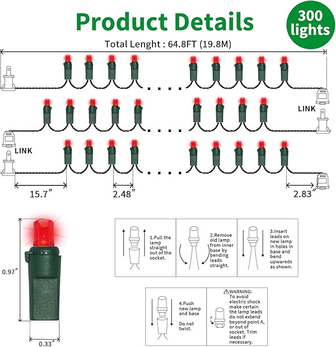 LAMPHOME Red Wide Angle LED Christmas Lights, 64.8 Ft 300 Count