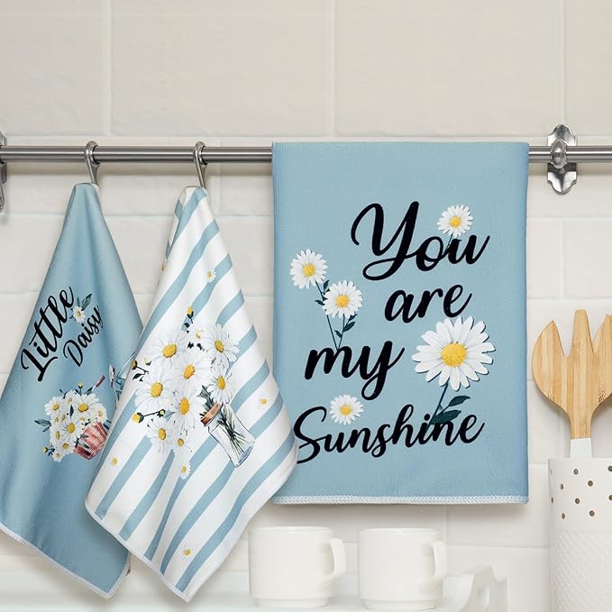 Boyiee Set of 6 Daisy Flower Kitchen Towels Daisy Stripes Tea Towels Floral Absorbent Dishtowels 24 x 16 Inches Housewarming Gifts Blue Hand Wash Cloth for Farmhouse Kitchen Bathroom Decorations
