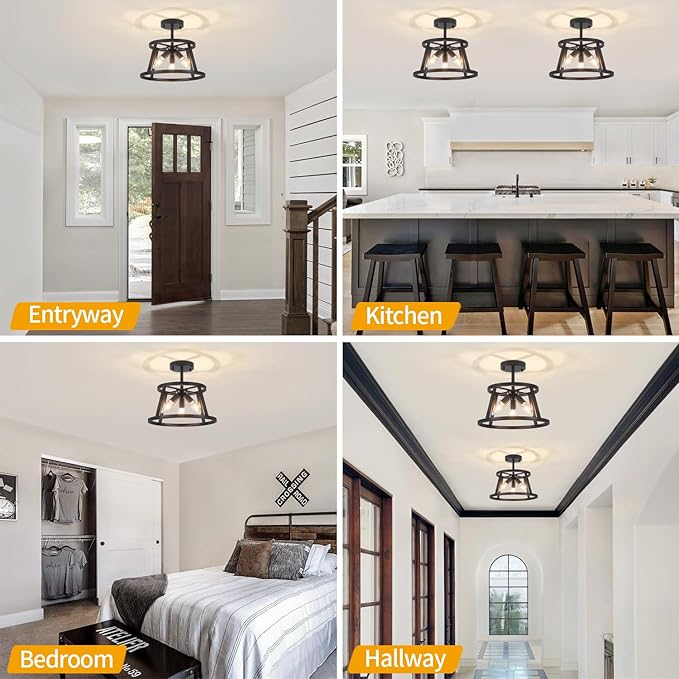 12.59" Black Semi Flush Mount Ceiling Light, 3-Light Modern Close to Ceiling