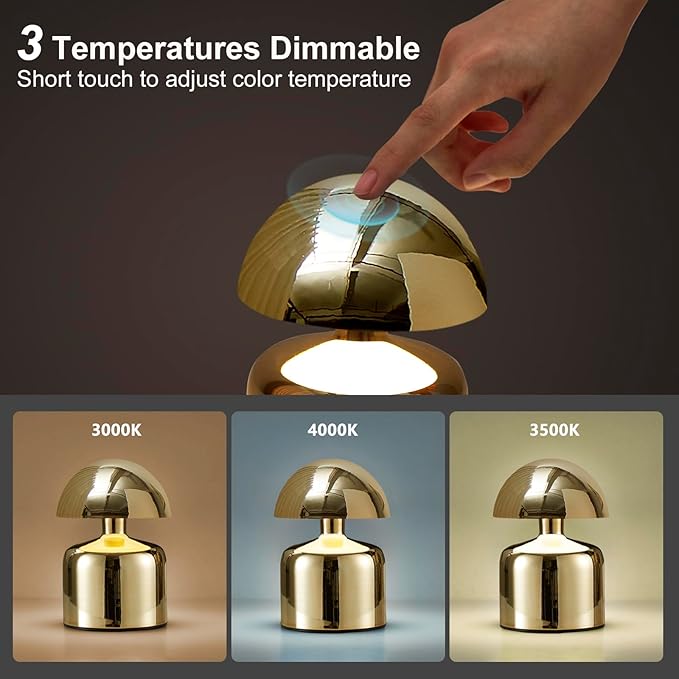 Modern Cordless Mushroom Small Table Lamp Touch LED Lamp, 3-Way Dimmable