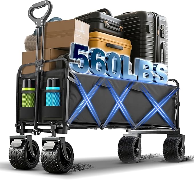 350L Large Capacity Foldable Wagon with Brakes, 560lbs Heavy Duty Collapsible Wagon Cart with Push Handle All-Terrain Big Wheels for Camping, Sports, Shopping, Beach