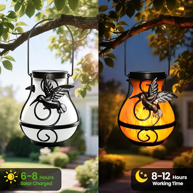 X-PREK 2 Pack Solar Lanterns Outdoor Waterproof Hummingbird Hanging Solar Lantern Flickering Flame Lights Solar Powered Lamps Garden Patio Porch Decoration(Plastics)