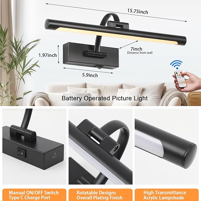 Wireless Battery Operated Picture Light, Rechargeable Wall Light