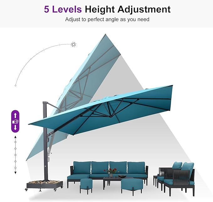 PURPLE LEAF 13 FT Square Patio Umbrella Large Cantilever Outdoor Aluminum Offset Umbrella with 360-degree Rotation for Garden Deck Backyard Pool Turquiose Blue