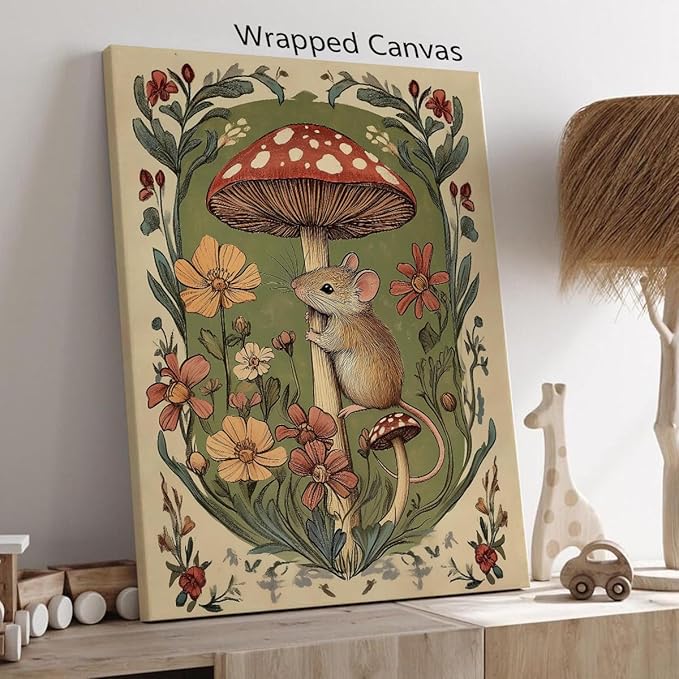 Nursery Animal Canvas Wall Art, Mouse and Toadstool Poster, Rustic Mushroom Mouse Painting, Cozy Folk Art Prints, Countryside Botanical Floral Painting for Kids Room 12x16in Wrapped Canvas