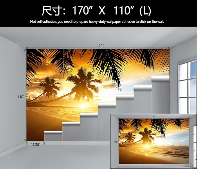 WFBHUA-Tropical Beach Wallpaper Dusk Waves Palm Tree Leaf Coconut Tree Wall Mural for Living Room Bedroom (Not Peel and Stick)