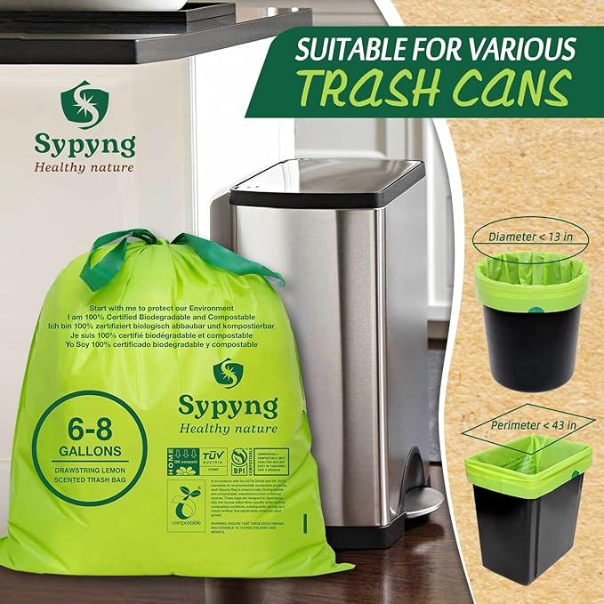 Compostable Trash Bags 6-8 Gallon (50-Pack) – Heavy Duty, 1.1 Mil Thick, 100% Biodegradable Kitchen Waste Bags for Medium Bins | ASTM D6400, BPI & OK Compost HOME Certified, Eco-Friendly & Recyclable
