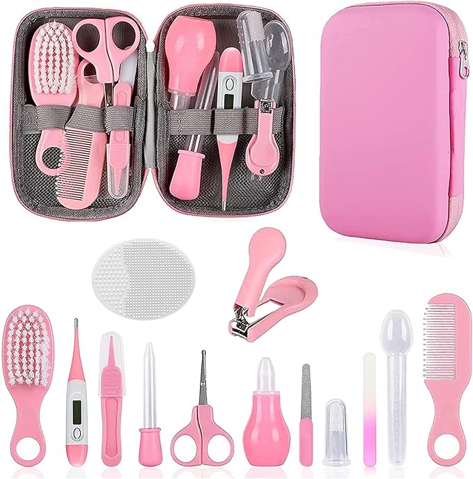 Baby Grooming Kit, Infant Safety Care Set with Hair Brush Comb Nail Clipper Nasal Aspirator,Baby Essentials Kit for Newborn Girls Boys (Pink)