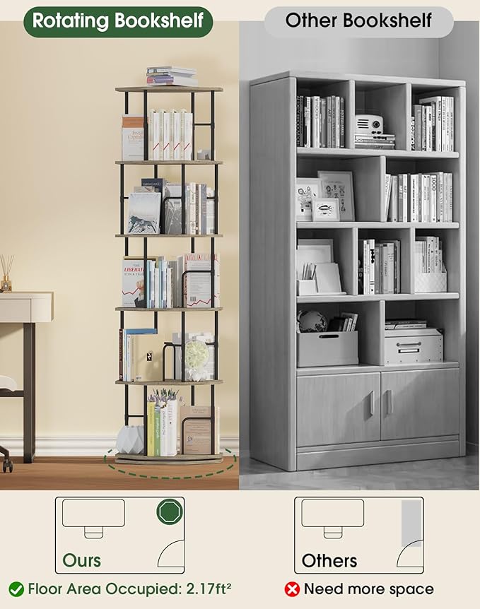 5 Tier Rotating Bookshelf, 360 Display Round Spinning Bookshelf Tower for Kids Room, Corner Shelf for Living Room, Office, Bedroom, Black