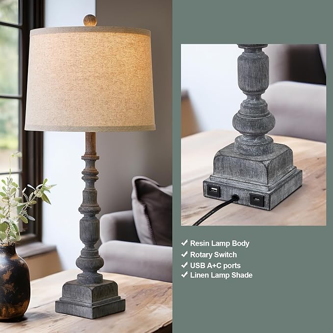 Oneach 27.75" Farmhouse Table Lamps Set of 2, USB A+C, Rustic Tall Table Lamp